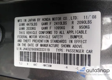 2009 Acura Tsx from USA, damaged, VIN JH4CU26689C033119